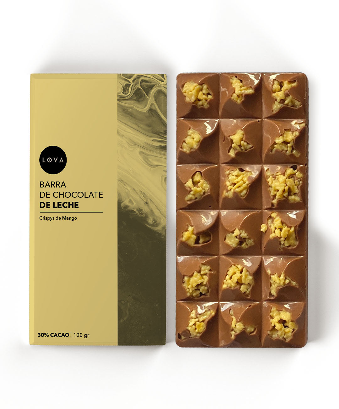 Barra de chocolate de leche 30% cacao sabor Crispys de Mango